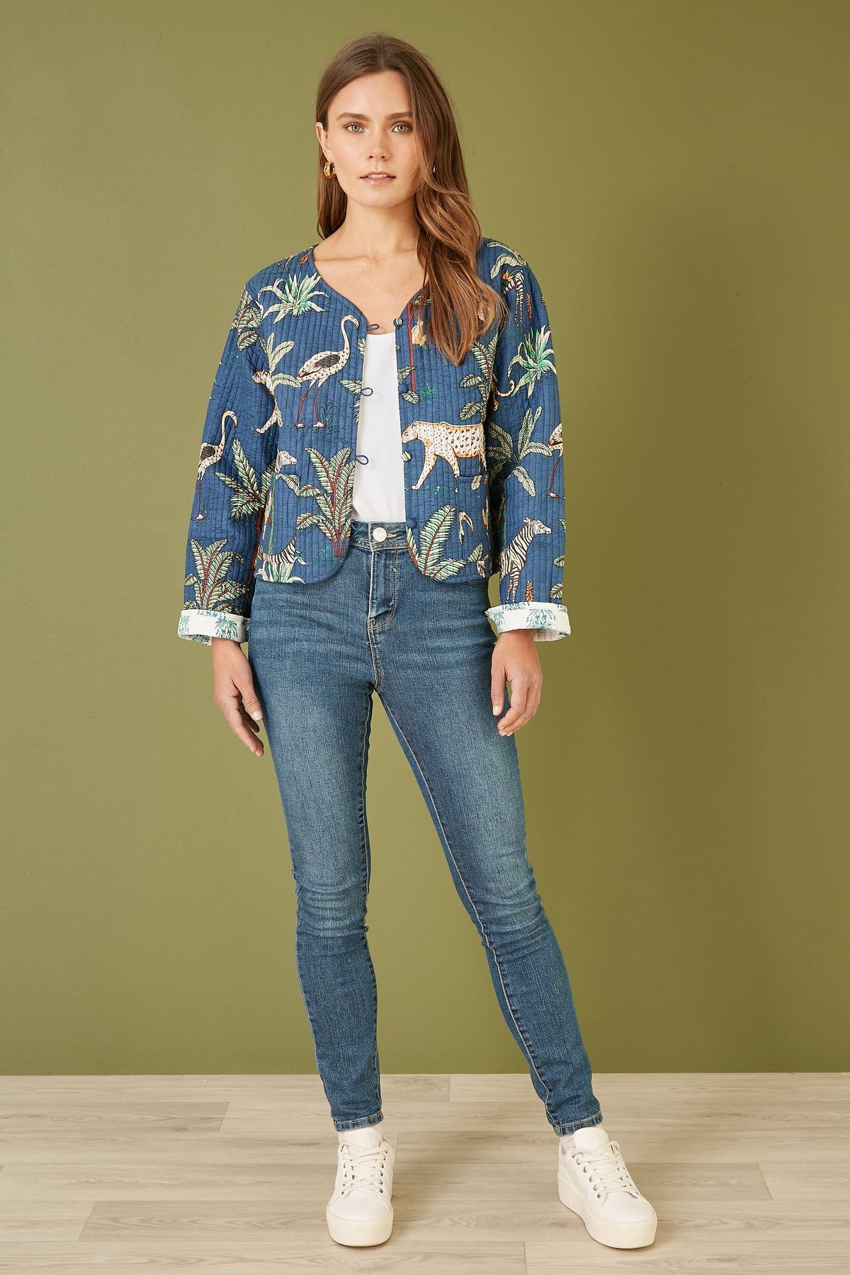 Yumi Blue Animal Print Reversible Cotton Cropped Quilted Jacket