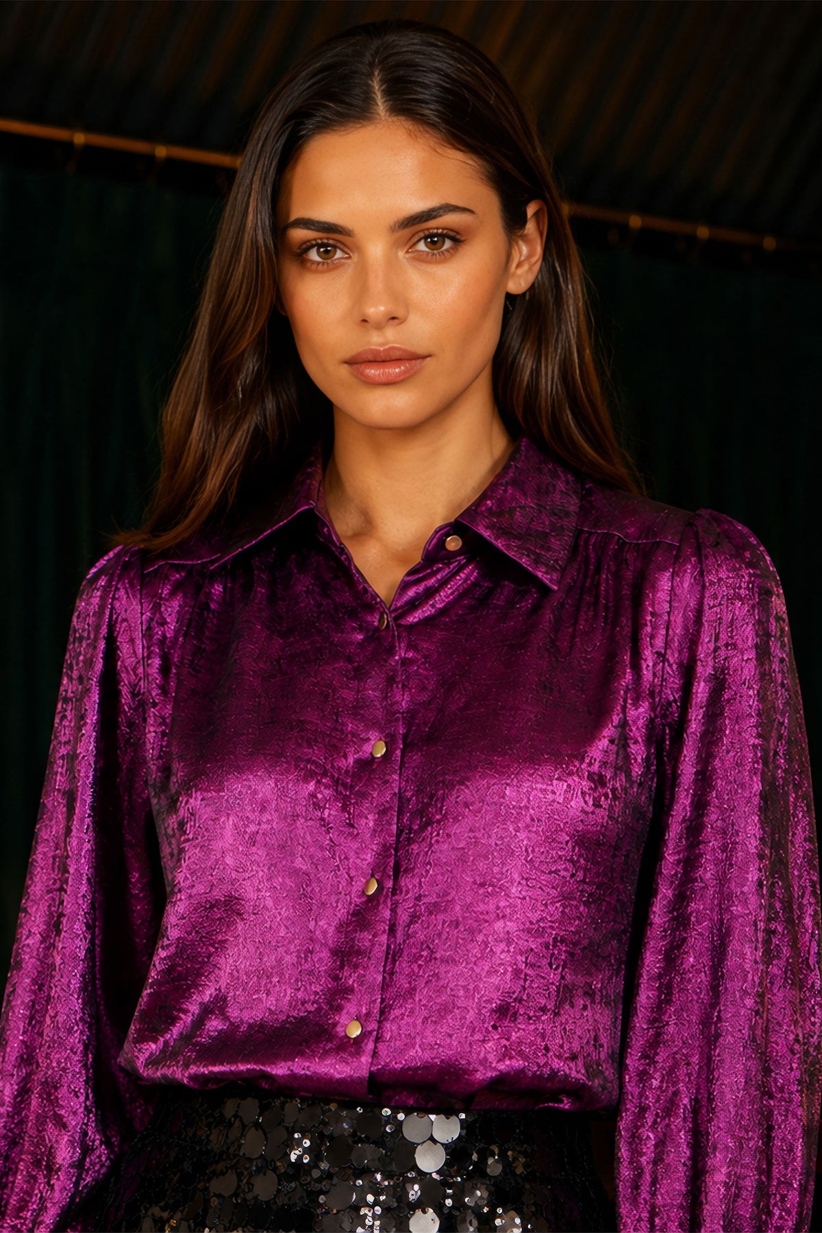 Yumi Pink Metallic Relaxed Balloon Sleeve Shirt
