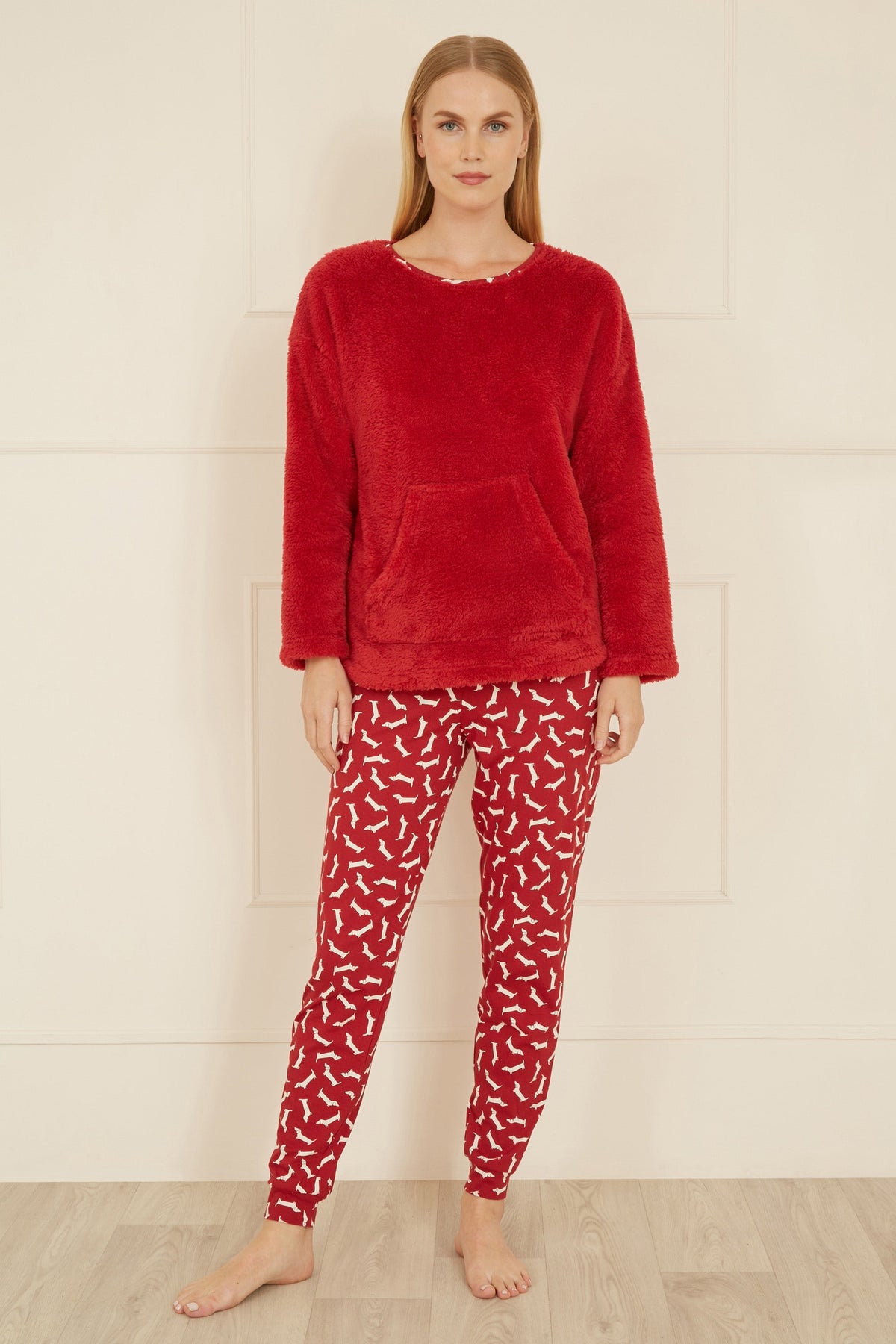 Yumi Red Pyjamas With Fleece Top And Dachshund Print Trousers