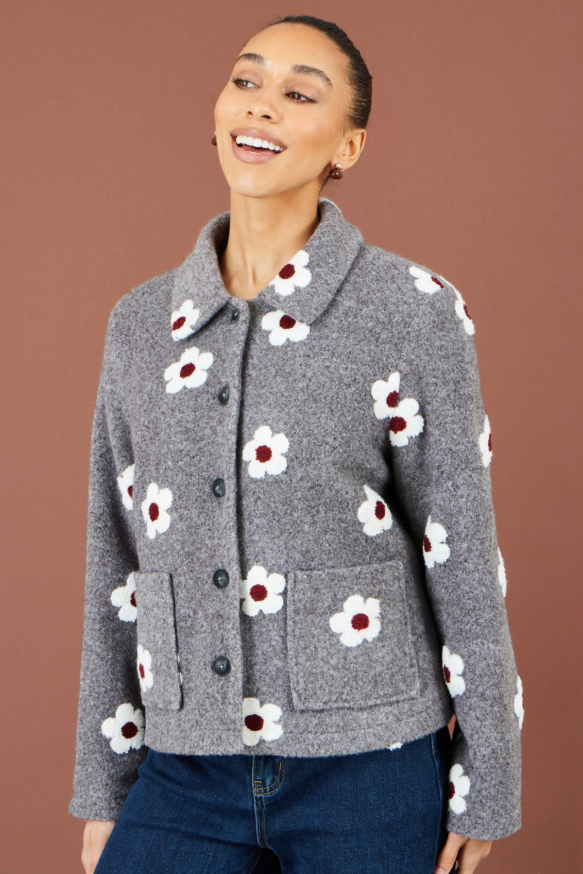 Yumi Grey Embroidered Daisy Fleece Jacket