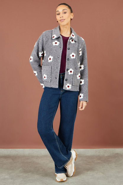 Yumi Grey Embroidered Daisy Fleece Jacket