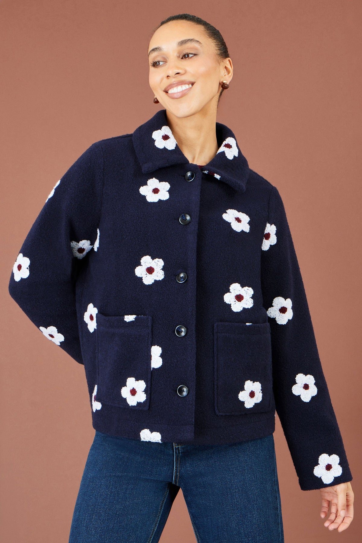 Yumi Navy Embroidered Daisy Fleece Jacket
