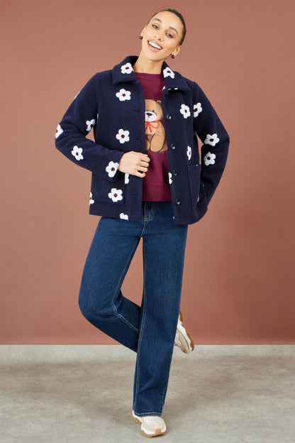Yumi Navy Embroidered Daisy Fleece Jacket