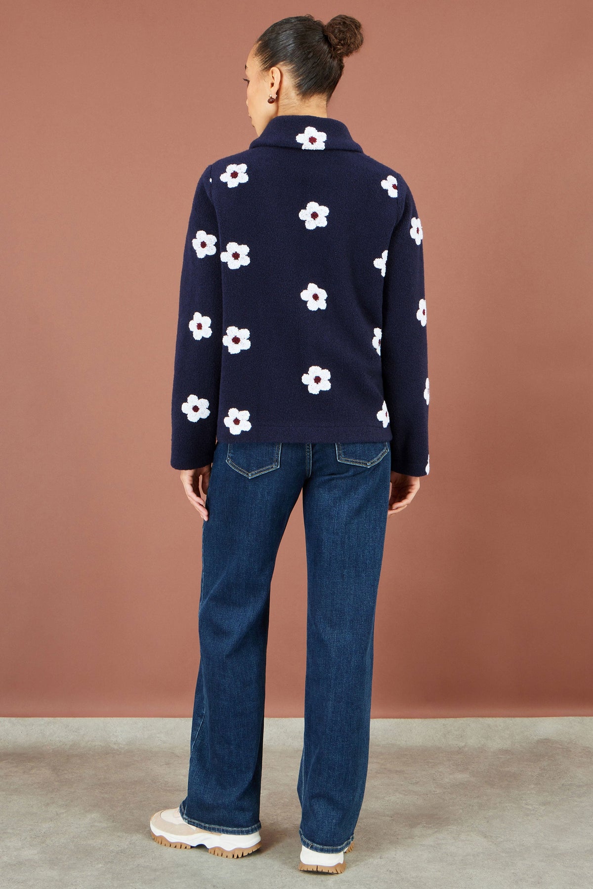 Yumi Navy Embroidered Daisy Fleece Jacket