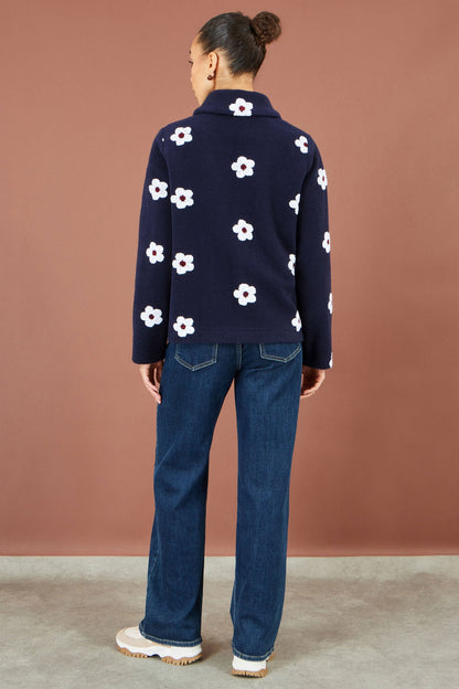 Yumi Navy Embroidered Daisy Fleece Jacket
