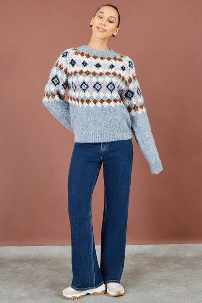 Yumi Grey Fairisle Wool Blend Relaxed Jumper