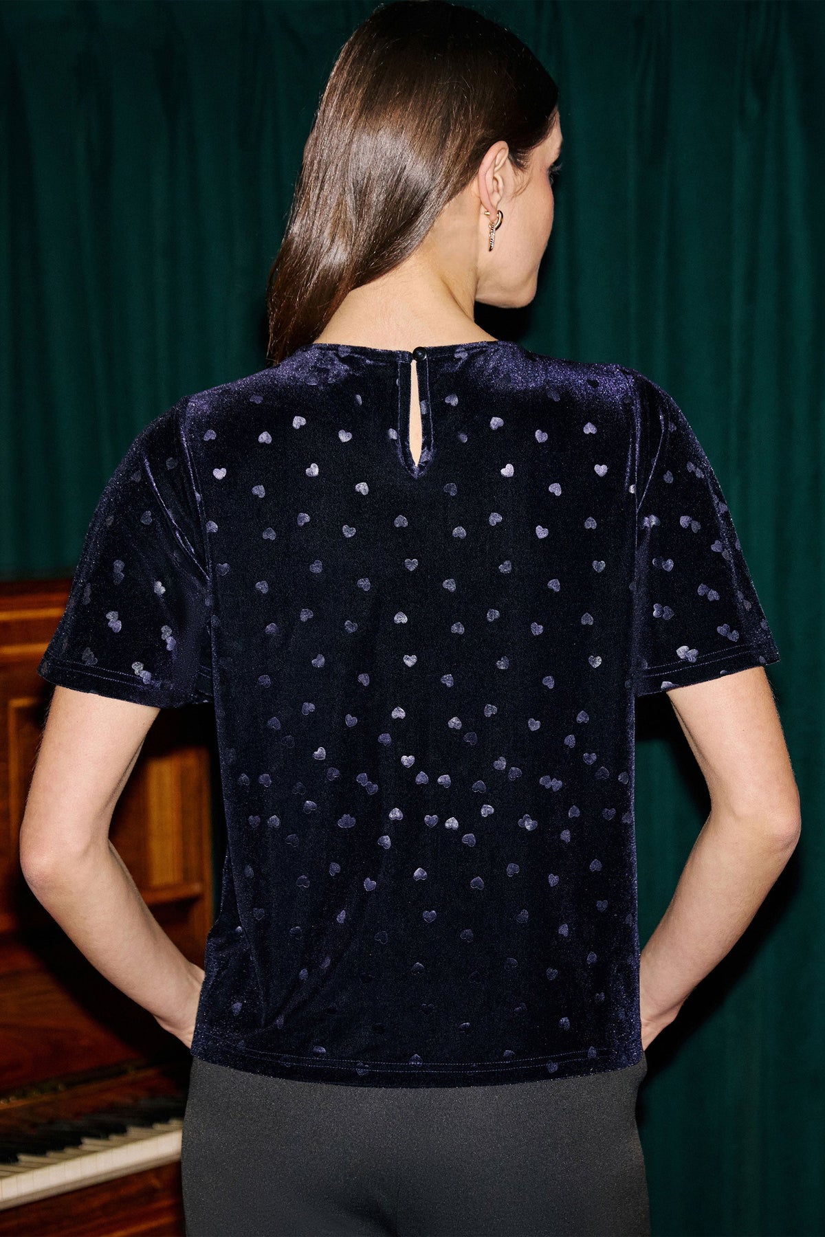 Yumi Navy Velvet Heart Top With Bow Detail