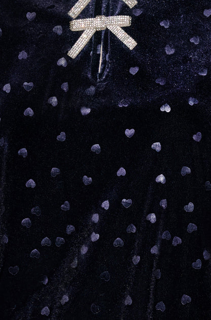 Yumi Navy Velvet Heart Top With Bow Detail