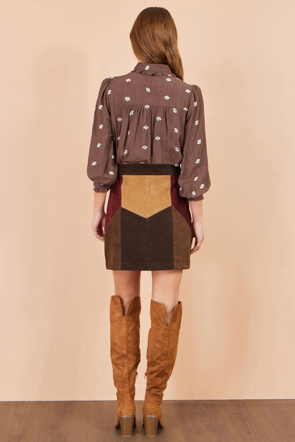 Yumi Multicolour Patchwork Cord Mini Skirt