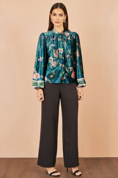 Yumi Green Floral Velvet Blouse With Tie Neckline
