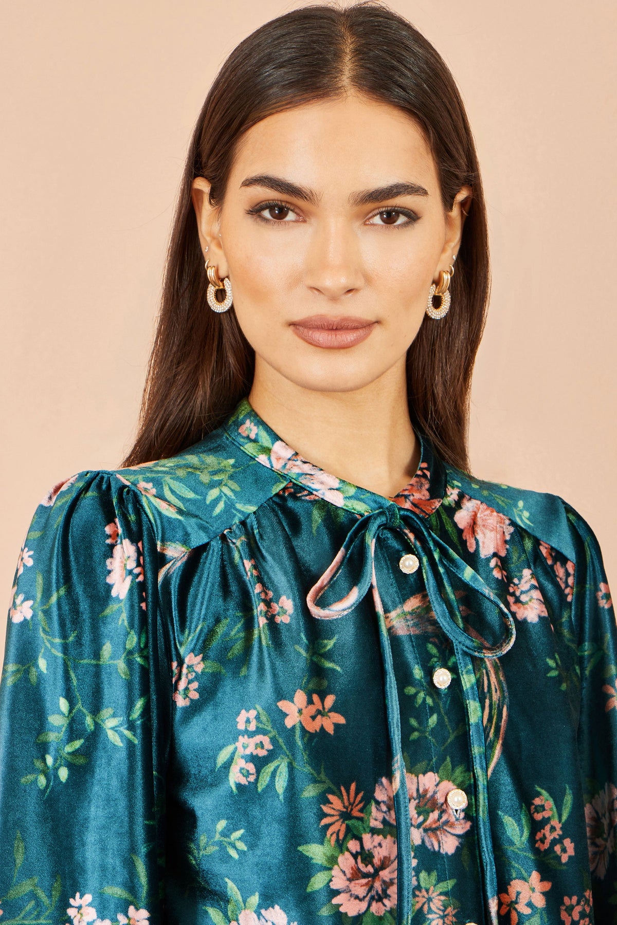 Yumi Green Floral Velvet Blouse With Tie Neckline