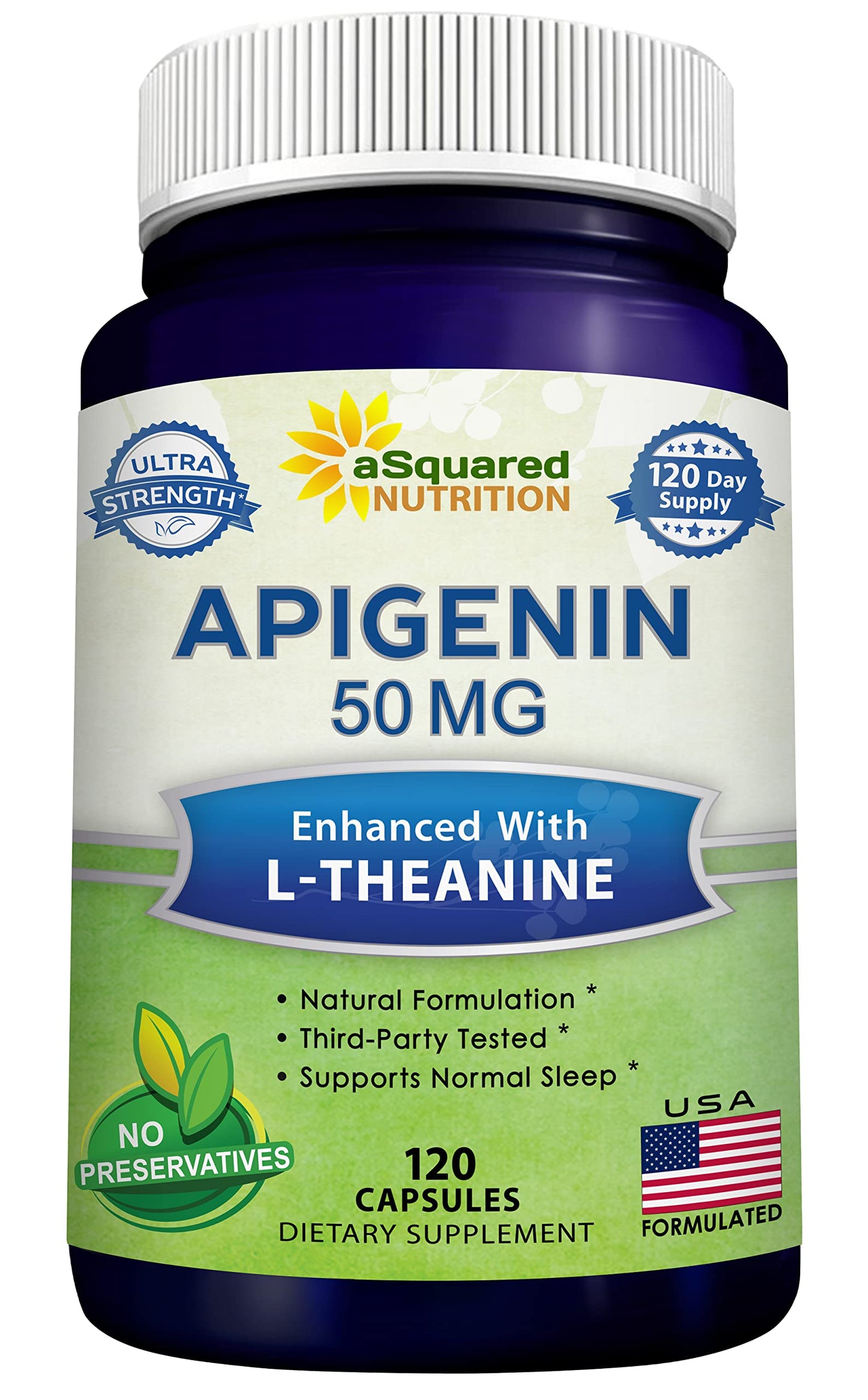 aSquared Nutrition Apigenin 50mg & L-Theanine 200mg – 120 Capsules for Sleep & Relaxation