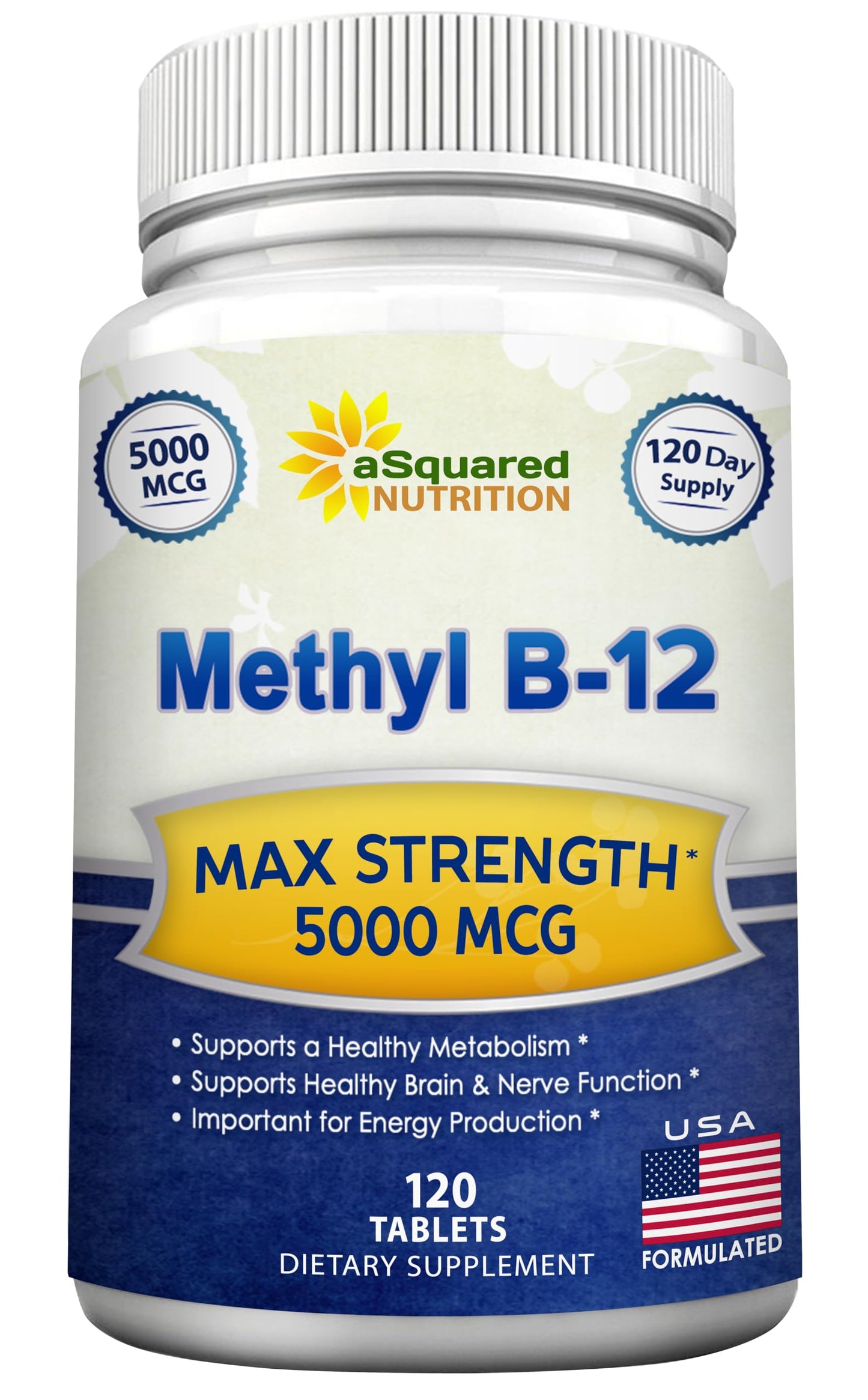 aSquared Nutrition Vitamin B12-5000 mcg (Methylcobalamin) – 120 Tablets | Max Strength Energy, Brain & Heart Support