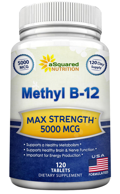 aSquared Nutrition Vitamin B12-5000 mcg (Methylcobalamin) – 120 Tablets | Max Strength Energy, Brain & Heart Support