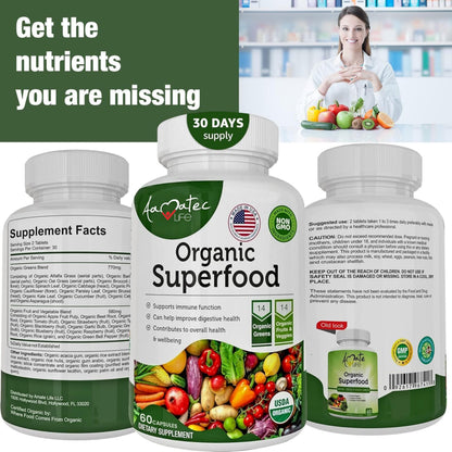Aamatec Life Organic Superfood: 14 Greens & 14 Fruits, Non-GMO, 60 Capsules