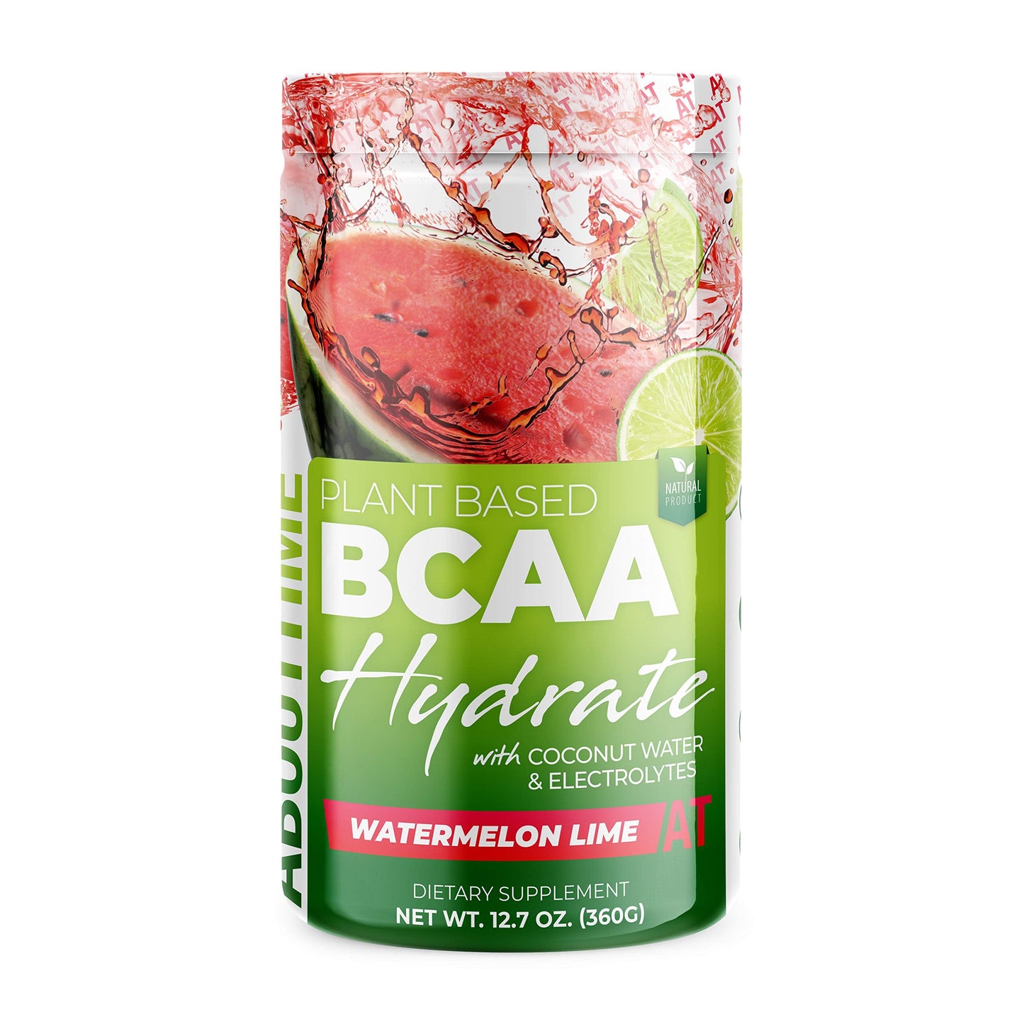 About Time BCAA Hydration Powder Watermelon Lime – L-Glutamine & Electrolytes, Non-GMO, Gluten Free, Monk Fruit, Coconut Water, 20 Servings