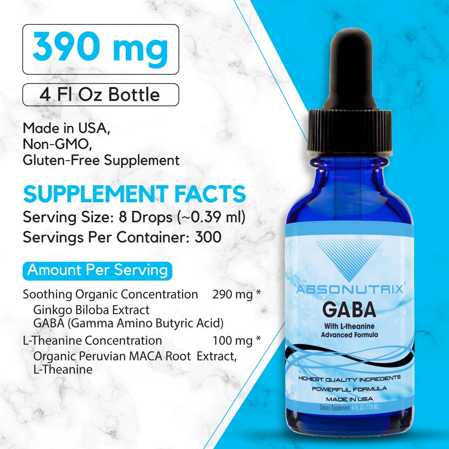 Absonutrix GABA + L-Theanine 290 mg Liquid — 4 oz, 300 Servings, Made in USA