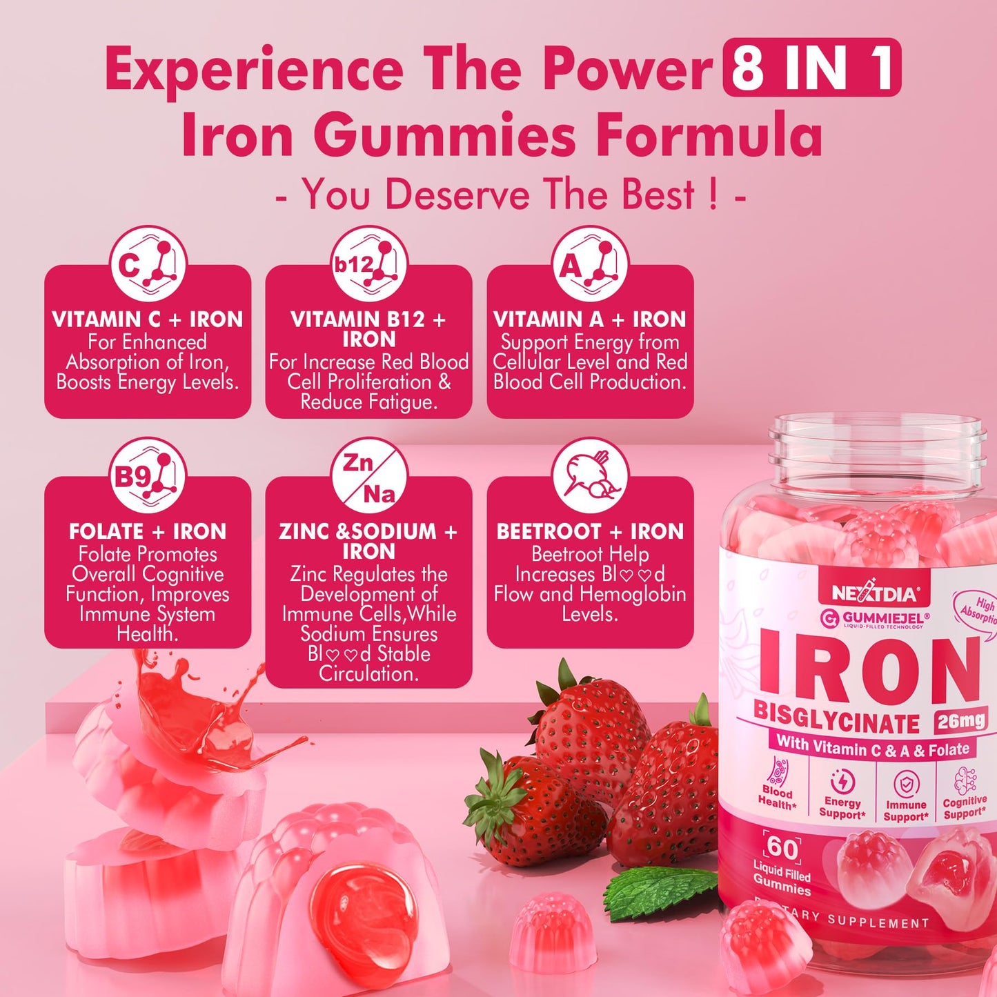 Iron Bisglycinate Gummies with Vitamin C - Sugar-Free, Gentle Iron for Adults