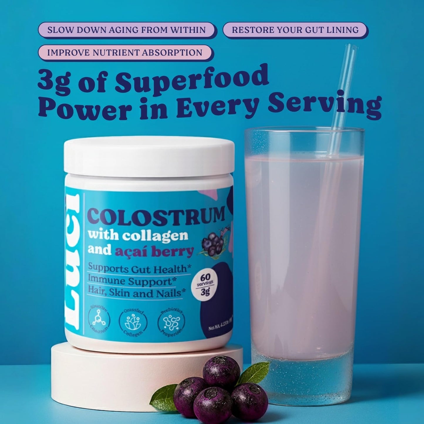 LUCI Colostrum, Collagen & Acai Powder | Gut Health, Immunity, Skin