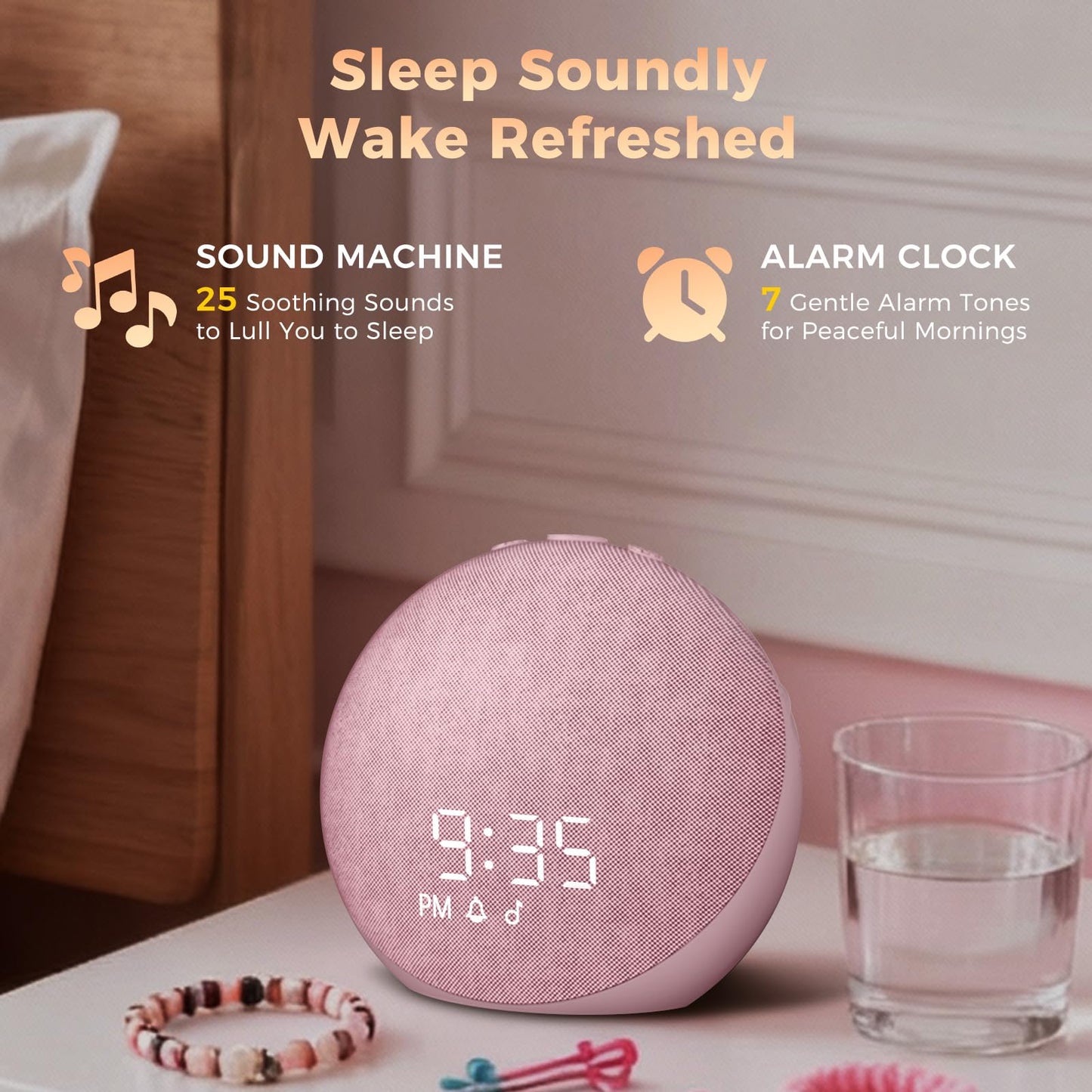 Acedeck Sound Machine Alarm Clock Pink | 25 Sleep Sounds, Gentle Wake, Bluetooth Speaker
