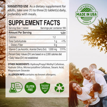 NANOWELL Acerola Cherry Vitamin C 1000mg | Immune Support | 180 Tablets