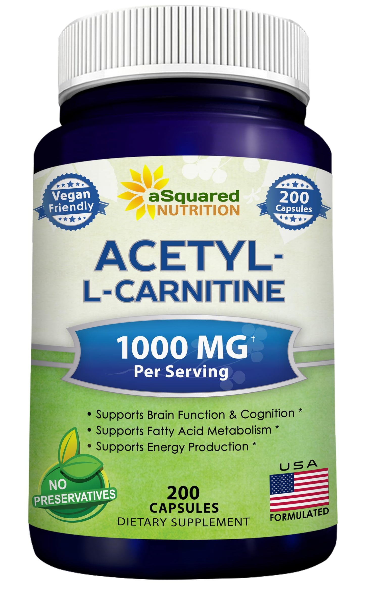 aSquared Nutrition Acetyl L-Carnitine 1000mg - 200 Veggie Capsules | High-Dose ALCAR for Energy & Brain Support