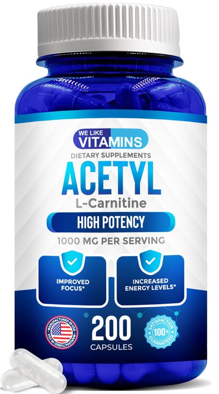 We Like Vitamins Acetyl L-Carnitine 1000mg Capsules - 200 Easy-to-Swallow Veggie Capsules for Focus, Brain & Energy