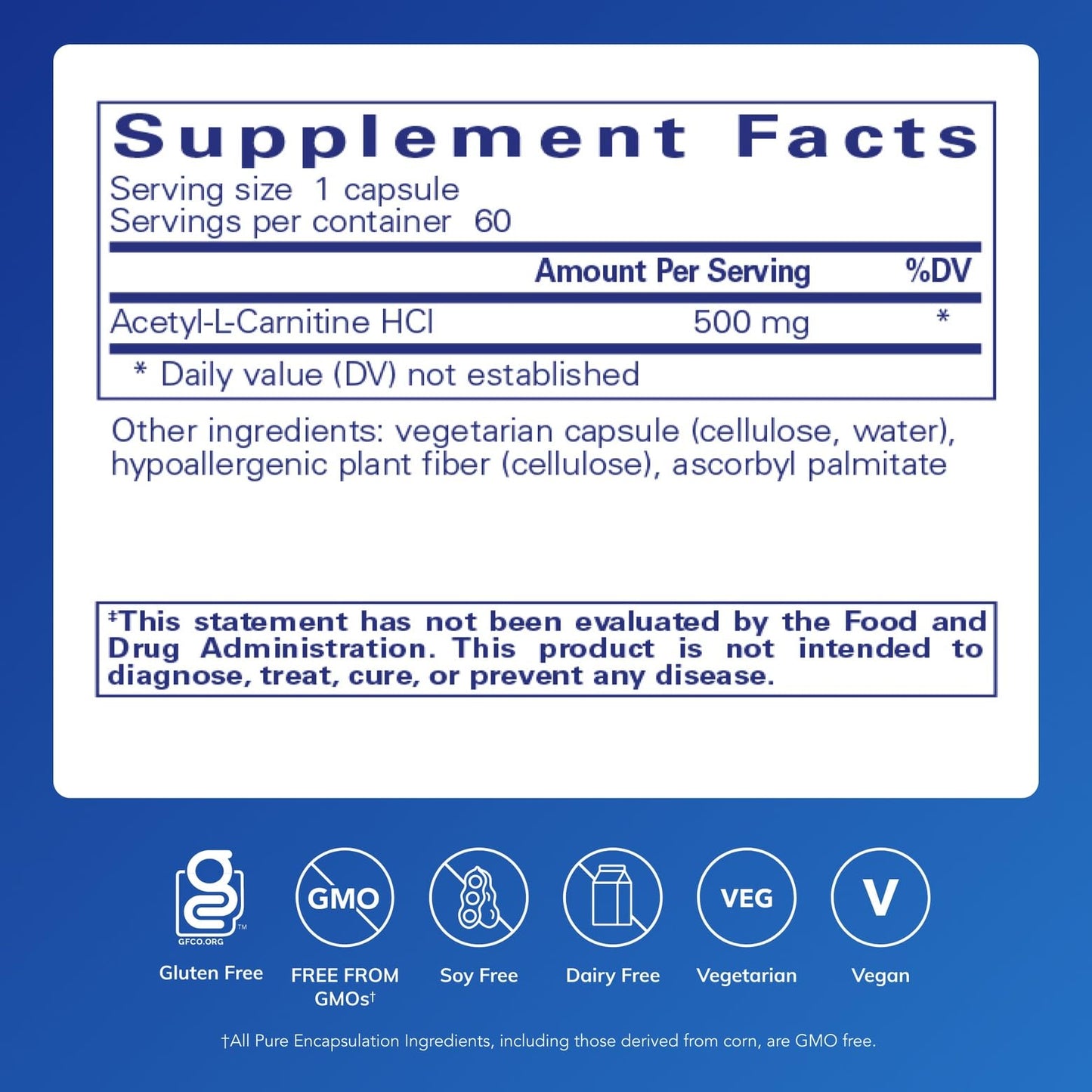 Pure Encapsulations Acetyl-L-Carnitine 500 mg | Memory & Focus Support | Gluten Free & Non-GMO | 60 Capsules
