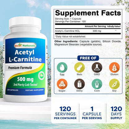 Best Naturals Acetyl L-Carnitine 500mg – 120 Servings (3 Pack) | Non-GMO & Gluten Free