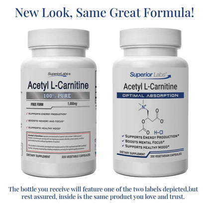 Superior Labs Acetyl L-Carnitine 500 mg - 200 Veg Caps - Non-GMO