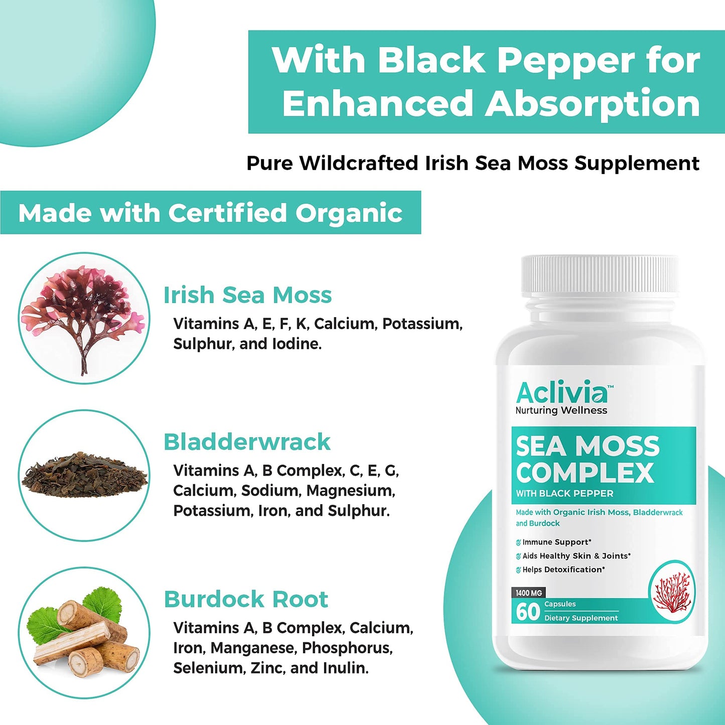Aclivia Organic Irish Sea Moss Capsules with Bladderwrack & Burdock Root | 102 Minerals - Thyroid Support, Immune Boost - Non-GMO (60 Count)