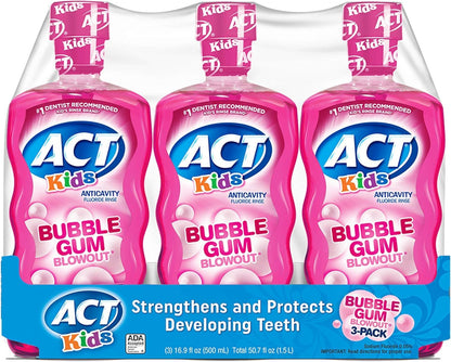 ACT Kids Fluoride Rinse Bubblegum Blowout Flavor – 18 oz Bottles (Pack of 3)