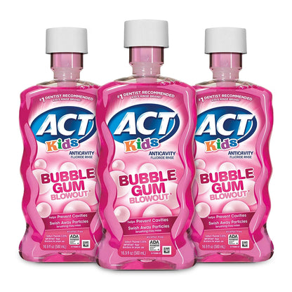 ACT Kids Fluoride Rinse – Bubble Gum, Bad Breath Treatment, Anti-Cavity, 16.9 oz (3-pack)