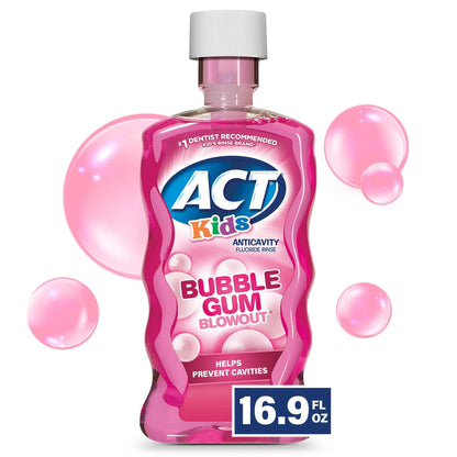 ACT Kids Fluoride Rinse Bubblegum Blowout Flavor – 18 oz Bottles (Pack of 3)