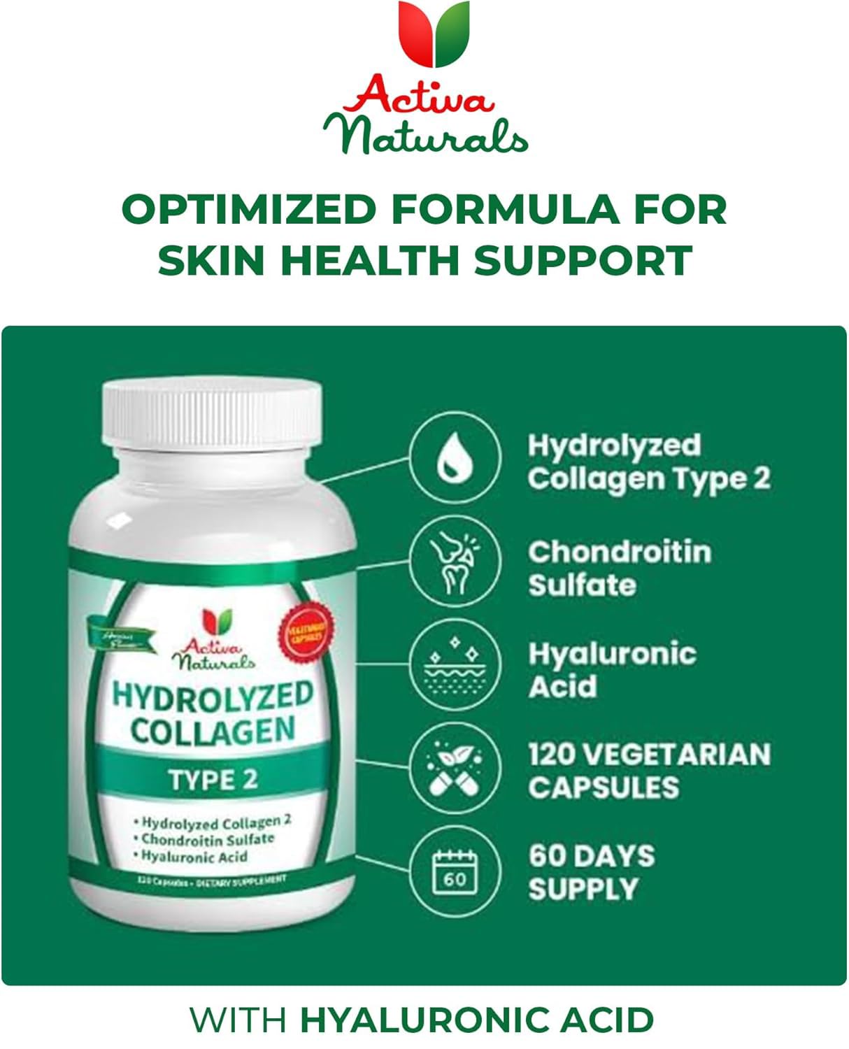 Activa Naturals Collagen Type 2 + Chondroitin & Hyaluronic - 120 Veg Capsules
