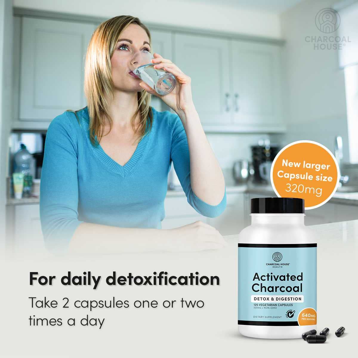 Activated Charcoal Capsules 125 Vegetarian Capsules 320mg - Vegan 100% Pure Coconut Shell Charcoal No Filler