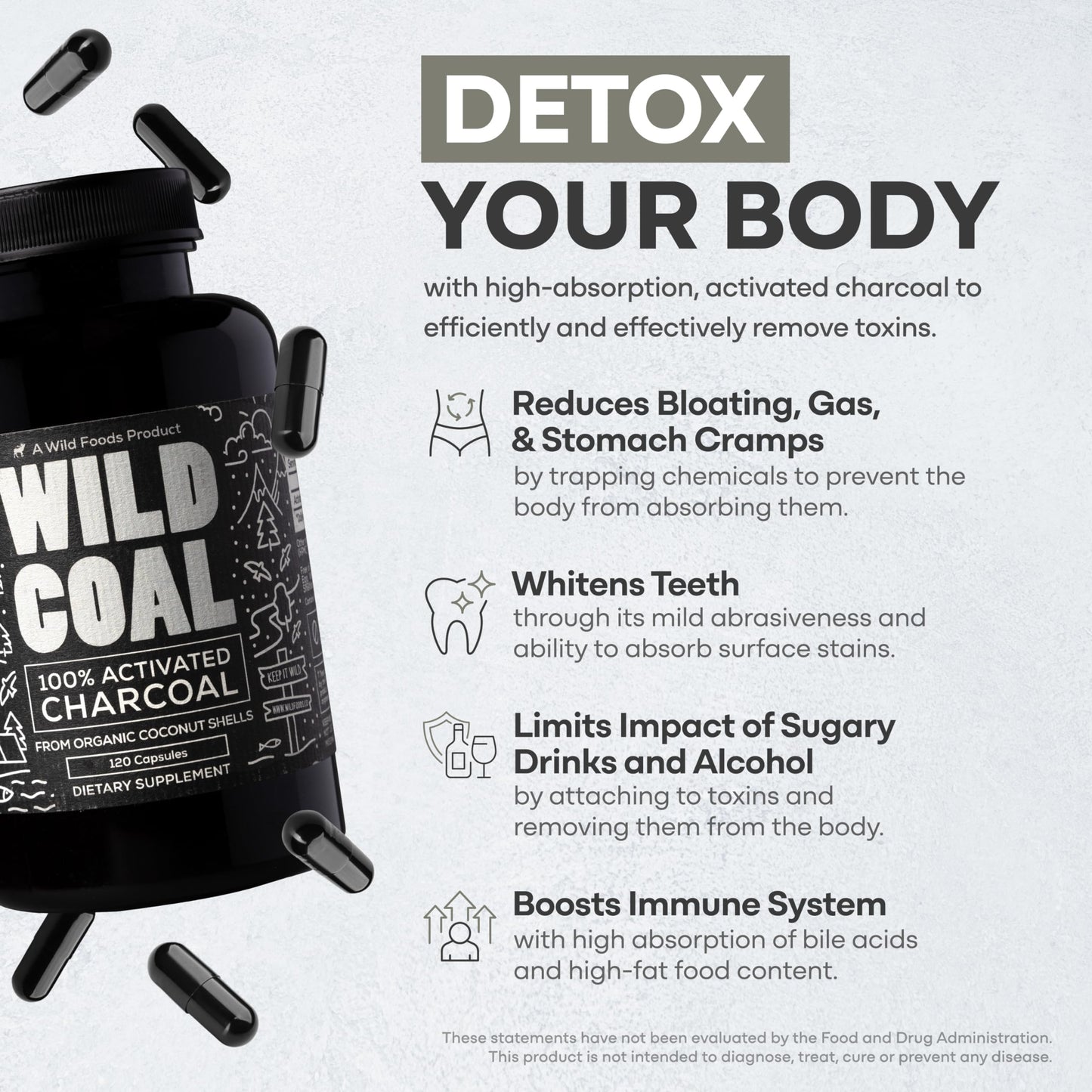 Wild Foods Activated Charcoal Capsules – 100% Organic Coconut Shells, Made in USA (120 Ct)