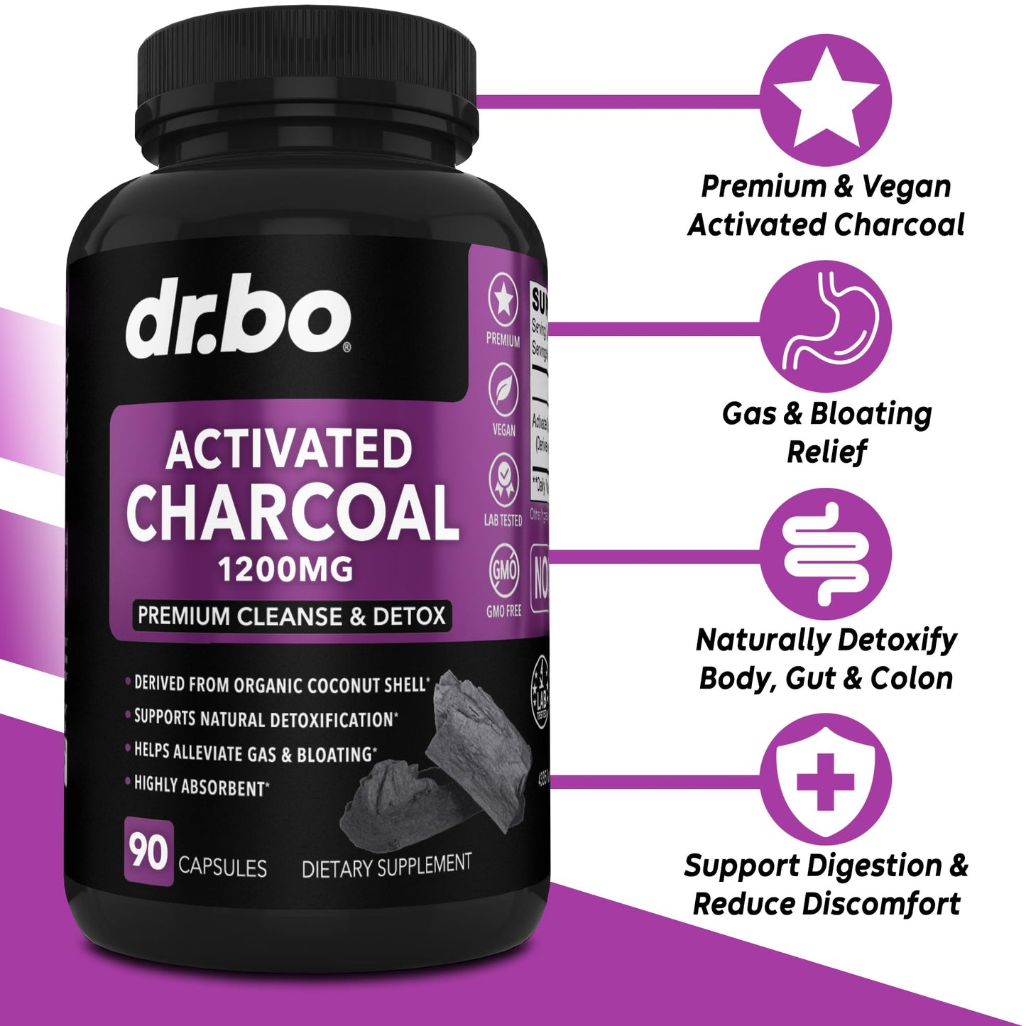 Activated Charcoal Capsules Detox 1200mg – Organic Coconut Charcoal Pills for Gas & Bloating Relief