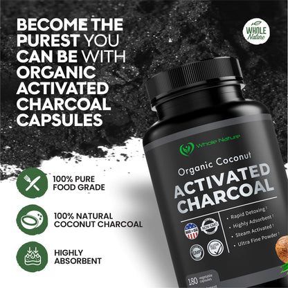 Pure Coconut Activated Charcoal Capsules - 180 Count | Teeth Whitening, Bloating & Cleansing