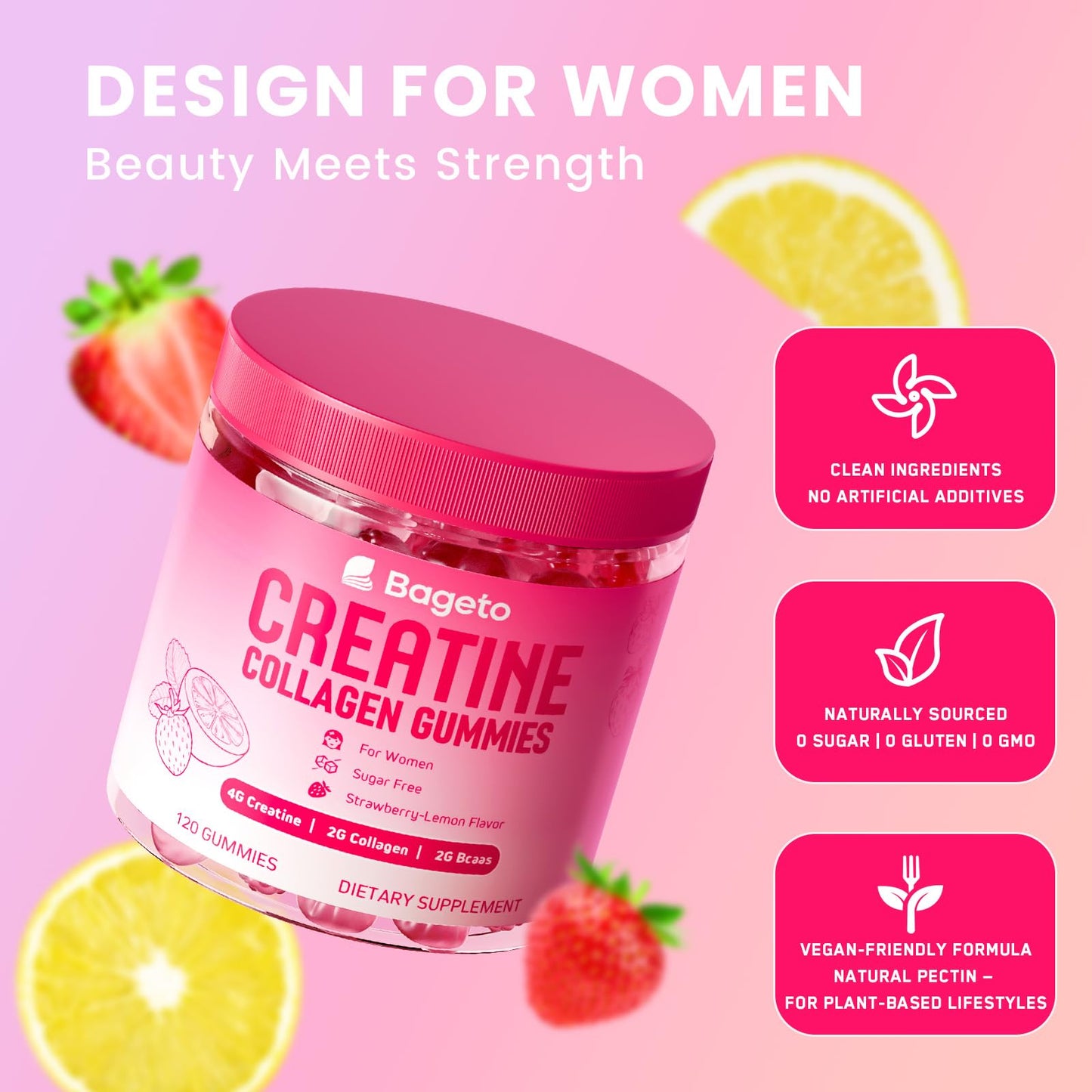 Creatine for Women Gummies – Monohydrate with Collagen, BCAAs & Vitamins (Sugar-Free, Vegan)