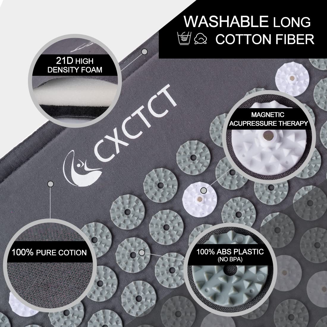 Extra Long Yoga Acupressure Mat Set with Magnetic Points – Full-Body Massage Pillow for Neck & Back Pain Relief (Grey)