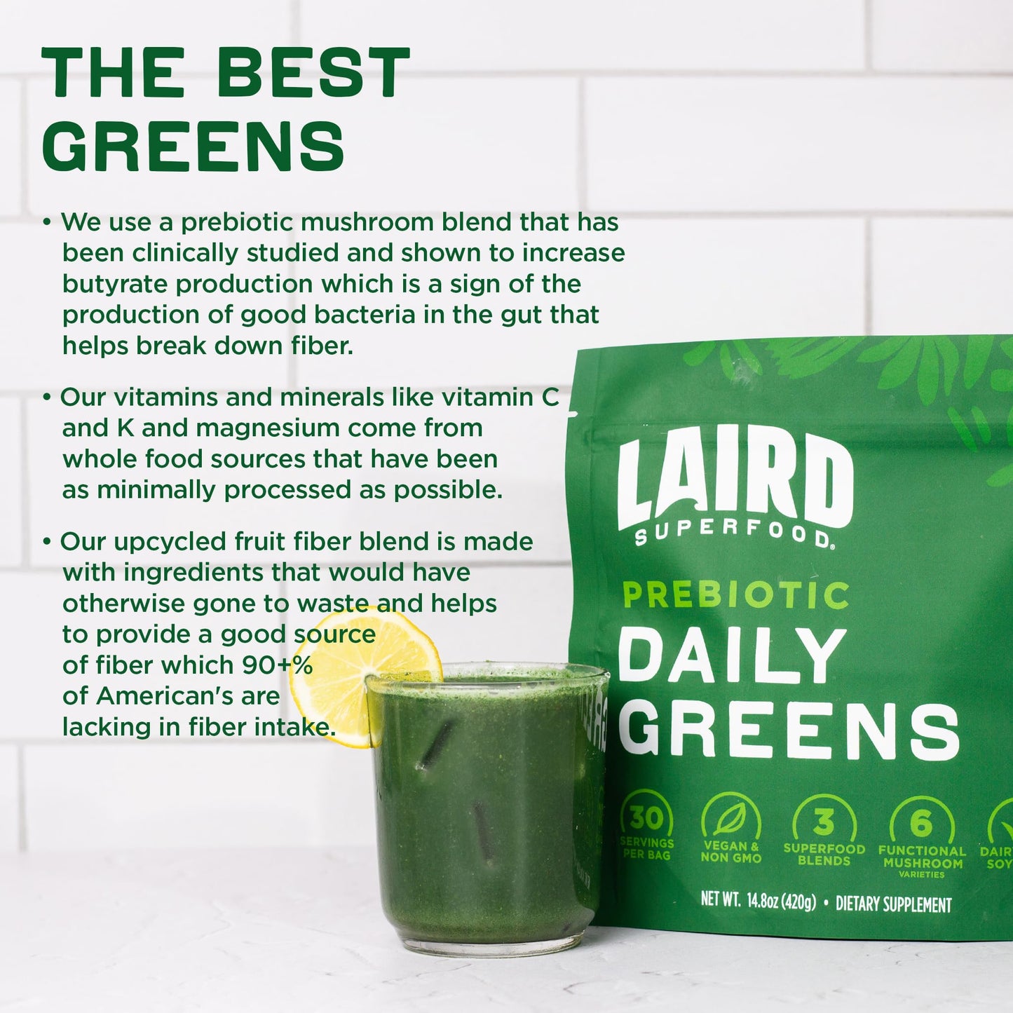 Laird Superfood Prebiotic Daily Greens – 15 Sachets – Vegan & Non-GMO