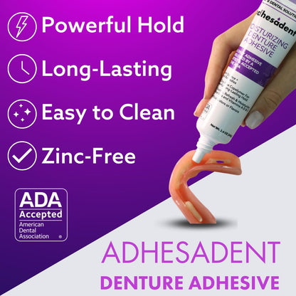 Dr. B Adhesadent Moisturizing Denture Adhesive – Zinc-Free, Natural Taste, ADA Approved – 4×0.75 oz Travel Pack