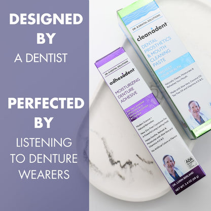 Dr. B Adhesadent Moisturizing Denture Adhesive – Zinc-Free, Natural Taste, ADA Approved – 4×0.75 oz Travel Pack