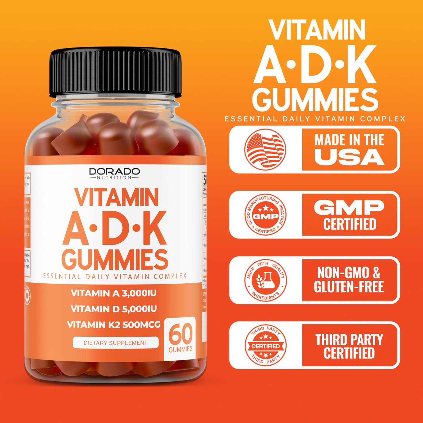 ADK Gummies Vitamin D3 K2 60 Sugar Free Gummies - 10000/5000iu - Raspberry Flavor | Vegan, Non-GMO, USA Made - Pack of 2