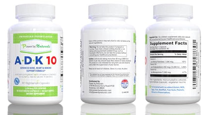 Power By Naturals ADK 10 Vitamin Supplement – A, D3 10,000 IU & K2 MK-7, 90 Capsules (3-Month Supply)
