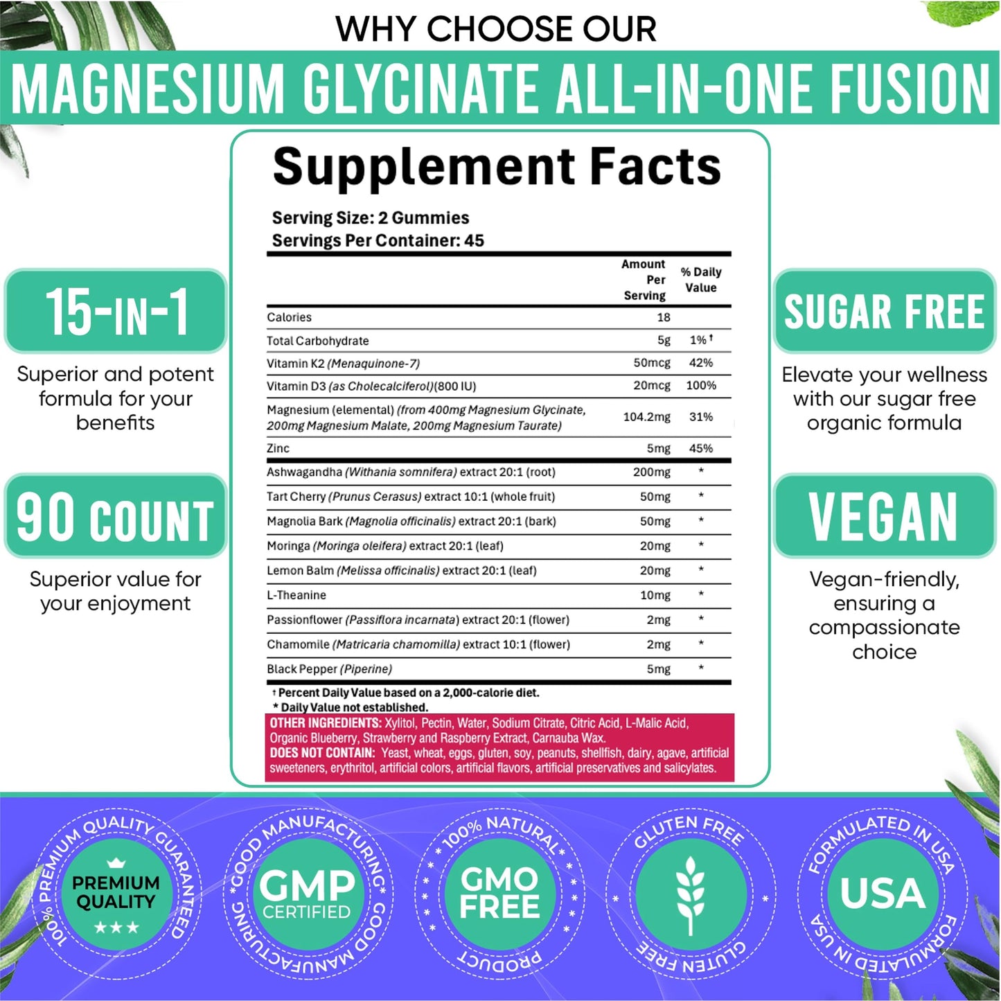 Adndale 180ct 15-in-1 Magnesium Glycinate Gummies 400 mg/serving with Ashwagandha, Tart Cherry & More