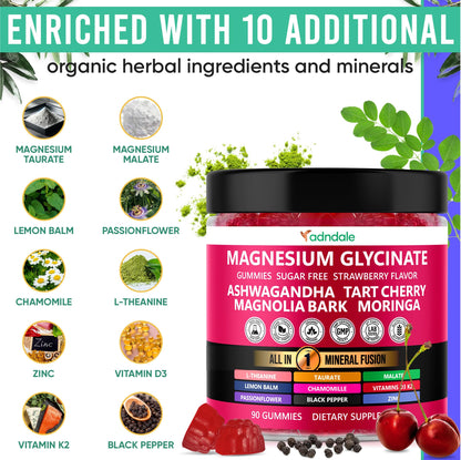 Adndale 180ct 15-in-1 Magnesium Glycinate Gummies 400 mg/serving with Ashwagandha, Tart Cherry & More