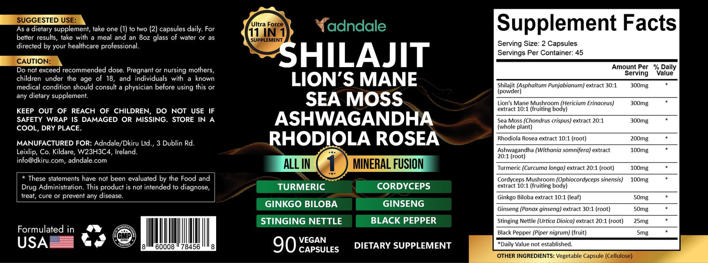 Adndale Shilajit Supplement - Pure Himalayan Shilajit 11-in-1, 90 Capsules