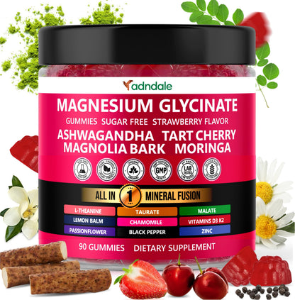 Adndale 90ct 15-in-1 Magnesium Glycinate Gummies (400 mg/serv) – with Magnesium Malate, Ashwagandha, Tart Cherry, Zinc & Vitamins K2 & D3